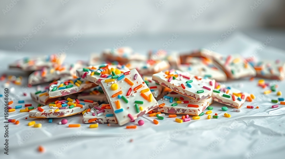 Fototapeta premium Candy bark with rainbow sprinkles on white parchment