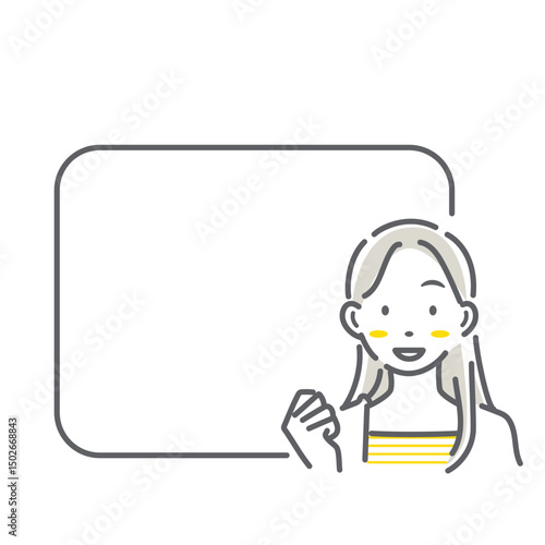 笑顔の女性とフレームのセット　シンプルでお洒落な線画イラスト
