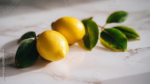 Three fresh lemons with green leaves on marble, a vibrant citrus still life symbolizing freshness and natural beauty.
