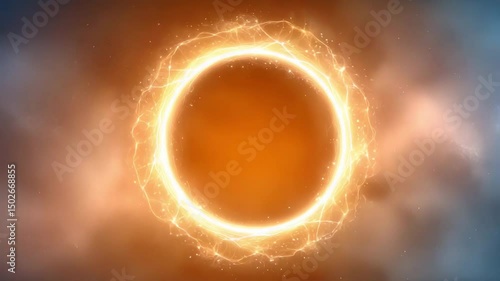Sci-fi power explosion: A captivating digital artwork features a radiant, golden energy ring, emanating power and mystery within an abstract, cosmic background.