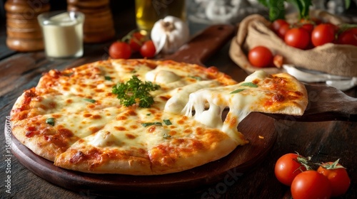 Traditional Italian pizza with melted mozzarella, a delicious culinary delight evoking rustic charm and comfort.