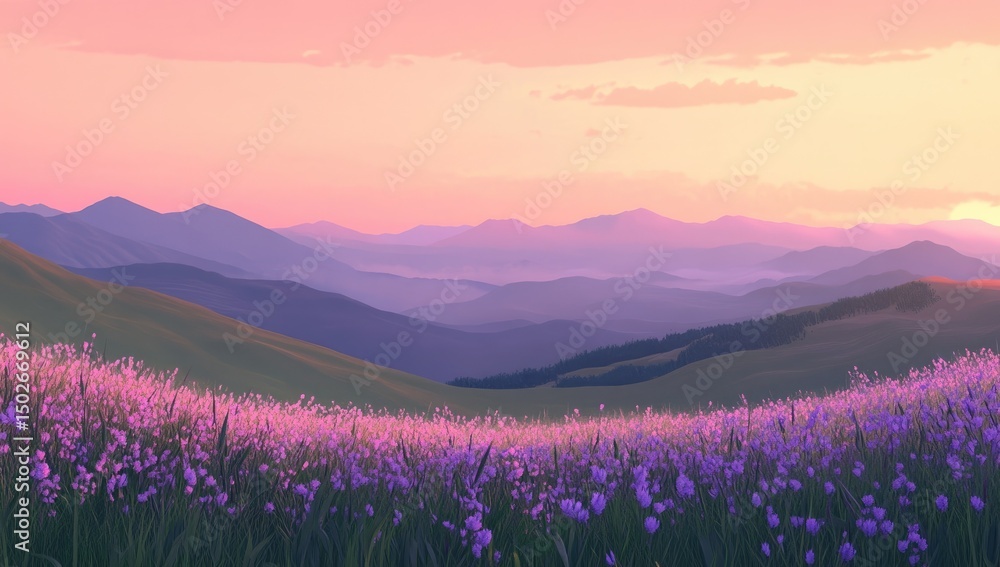 Fototapeta premium Sunset over purple mountain flowers