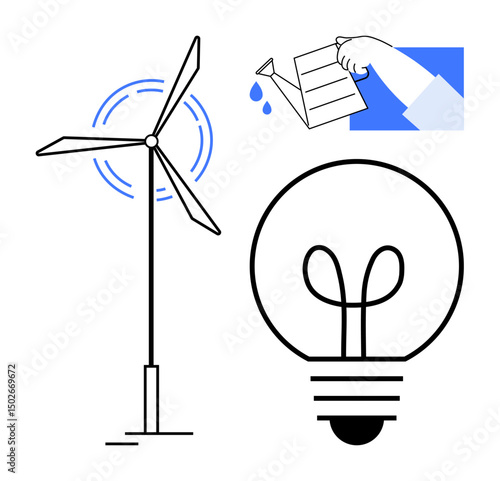 Wind turbine generating energy, hand with watering can nurturing plants, light bulb representing ideas. Ideal for sustainability, renewable energy, growth, innovation, ecology, green solutions flat