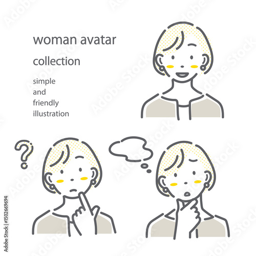 女性の表情セット　シンプルでお洒落な線画イラスト