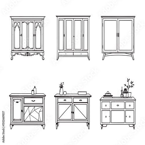 Minimalist sideboard furniture line art vector illustration