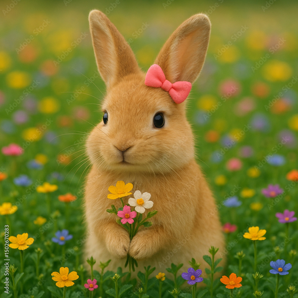 Obraz premium Cute rabbit on the flower's garden with vibrant background 