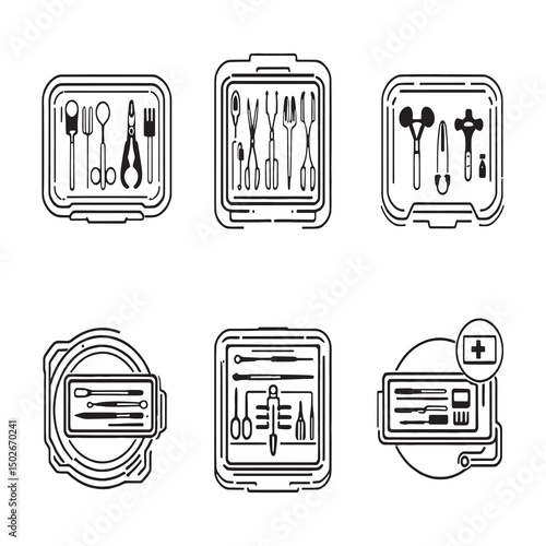 Minimalist surgical tray line art vector illustration