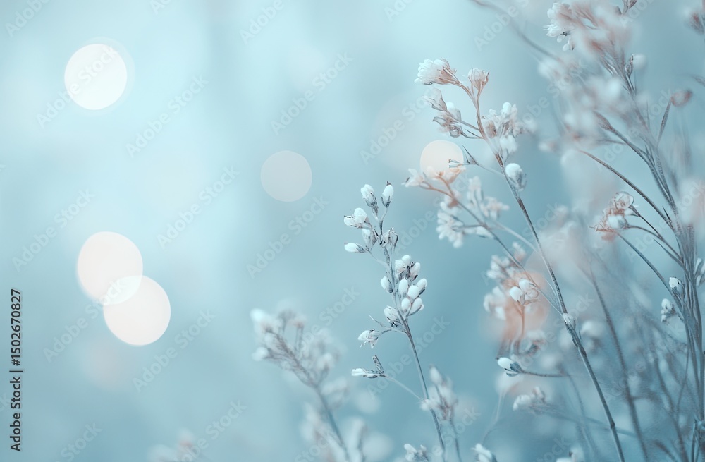 Fototapeta premium Delicate white wildflowers stand tall against a soft blue sky with blurred bokeh