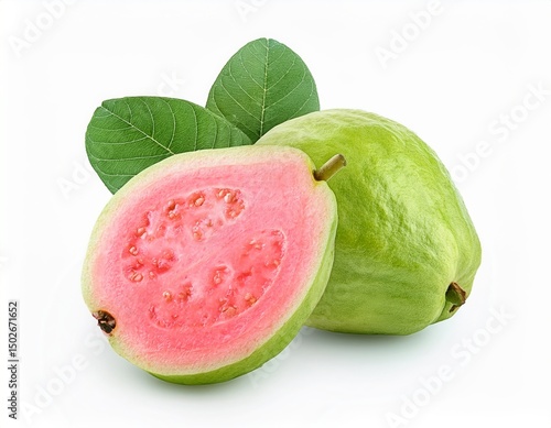 Fresh Guava Fruit with Pink Flesh and Green Skin Sliced and Whole with Leaves Isolated on White Background