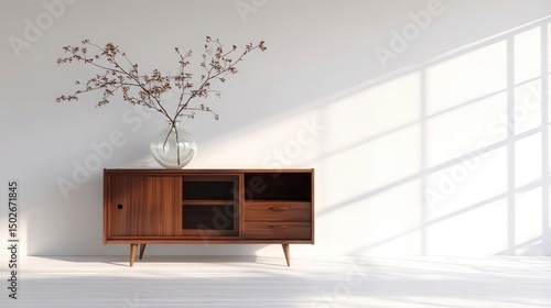 Vintage wooden cabinet with empty vase, soft light and long shadows, minimalist interior with copy space, conveying calm simplicity