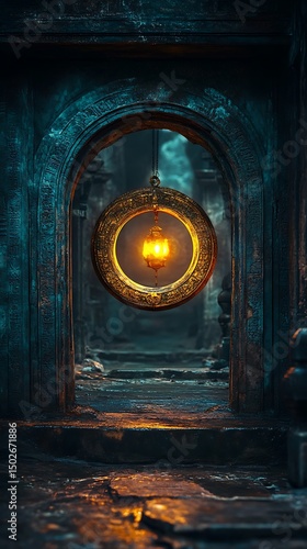 Mysterious illuminated portal hanging in aged stone archway evoking ancient lore