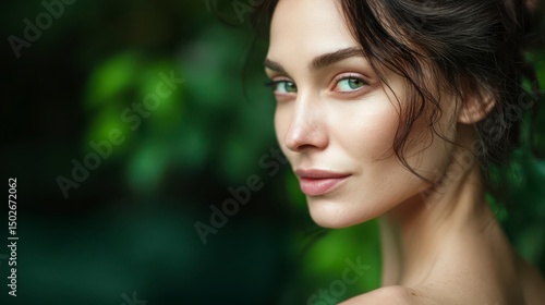Woman with radiant skin, serene expression, embodying natural beauty and tranquility