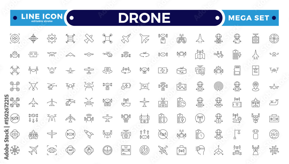 Drone vector outline icon set. Contains linear outline icons like ...