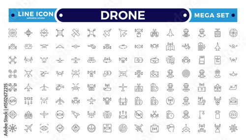 Drone vector outline icon set. Contains linear outline icons like Quadcopter, Propeller, Remote Control, Radar, Camera, Battery, Delivery, Copter. Editable stroke outline icon.
