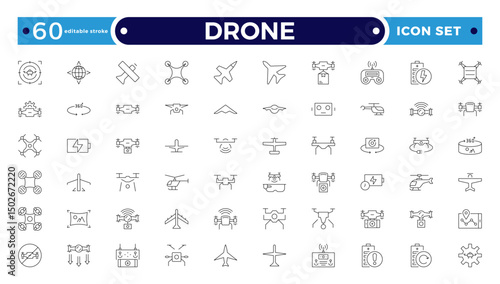 Drone vector outline icon set. Contains linear outline icons like Quadcopter, Propeller, Remote Control, Radar, Camera, Battery, Delivery, Copter. Editable stroke outline icon.
