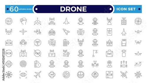 Drone vector outline icon set. Contains linear outline icons like Quadcopter, Propeller, Remote Control, Radar, Camera, Battery, Delivery, Copter. Editable stroke outline icon.
