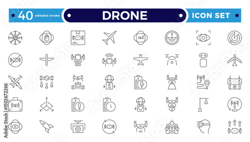 Drone vector outline icon set. Contains linear outline icons like Quadcopter, Propeller, Remote Control, Radar, Camera, Battery, Delivery, Copter. Editable stroke outline icon.
