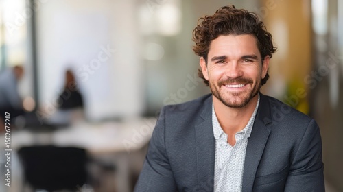 Young man smiling confidently in professional attire, conveying success and self-assurance in a modern workplace.