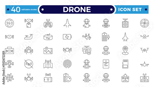 Drone vector outline icon set. Contains linear outline icons like Quadcopter, Propeller, Remote Control, Radar, Camera, Battery, Delivery, Copter. Editable stroke outline icon.
