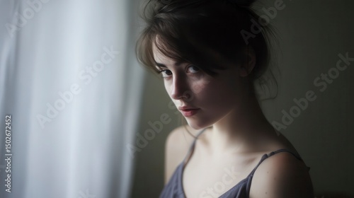 Young woman in thoughtful gaze, bathed in soft light; quiet intensity and serene focus.