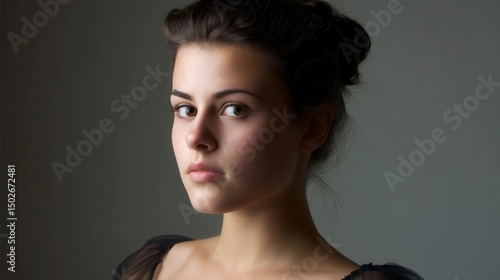 Young woman in thoughtful gaze, bathed in soft light; quiet intensity and serene focus.