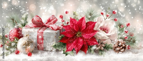 White gift box with red ribbon and festive decorations on a clean white background, studio lighting.