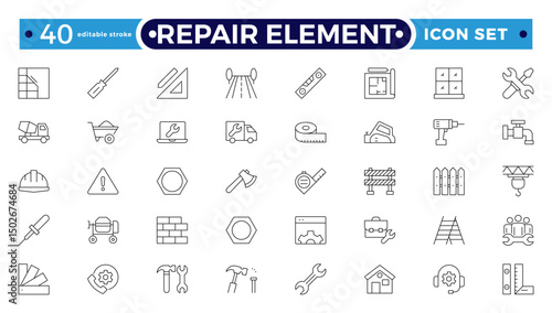 Repair Element outline icon set. Containing fix, maintenance, toolbox, assistance, broken, troubleshoot, patch, and repairman service icons. Editable stroke outline icon.
