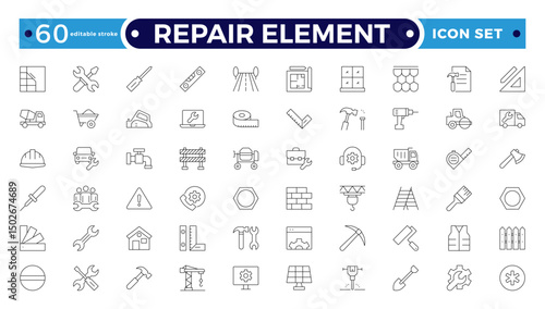 Repair Element outline icon set. Containing fix, maintenance, toolbox, assistance, broken, troubleshoot, patch, and repairman service icons. Editable stroke outline icon.
