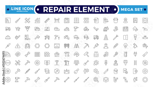 Repair Element outline icon set. Containing fix, maintenance, toolbox, assistance, broken, troubleshoot, patch, and repairman service icons. Editable stroke outline icon.
