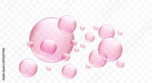 Pink fizzy bubbles and collagen drops on white background. Sweet bubble gum inspired transparent spheres with hyaluronic acid and glycerin oil effects.