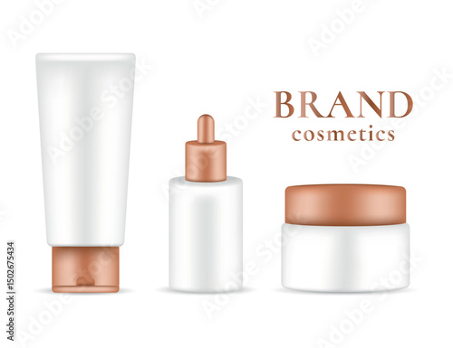 Vector set of cosmetic packaging in minimalist style: matte white tube, bottle with pipette and cream jar with bronze caps on white background