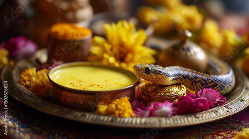 Nag Panchami, close-up pooja thali with turmeric, milk, incense, flowers, snake statue, Ai generated images