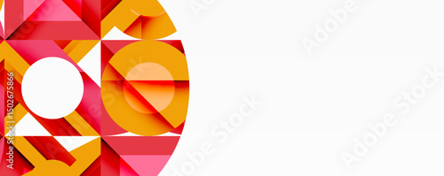Abstract geometric design features orange, pink shapes. White space dominates right side. Modern, vibrant composition.