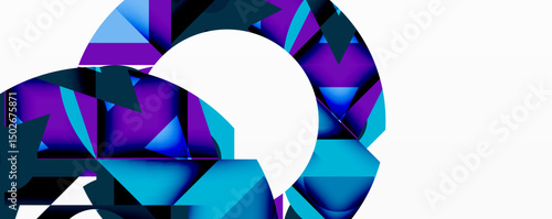 Abstract geometric shapes form partial circle. Blue, purple hues dominate design. Minimalist style, clean lines present modern aesthetic.
