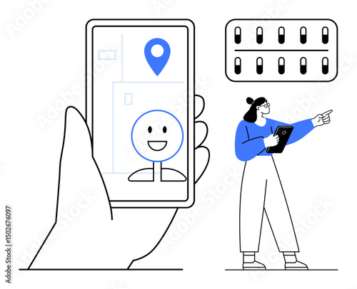 Hand holding smartphone displaying location app with smiling face pin woman with tablet pointing. Ideal for navigation, travel planning, delivery service, logistics, mapping, technology, simple