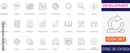 A modern and minimal stroke icon set covering key aspects of development, software engineering, agile processes, product planning, and innovation. Perfect for tech presentations and workflow visuals.