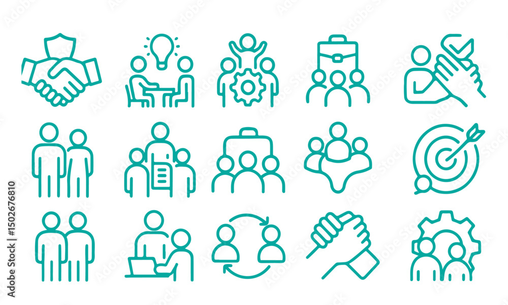 Teamwork icon set in line style. working together. Business team icon. Containing collaboration, agreement, cooperation, people, achievement, partnership, unity, handshake, help, manage.