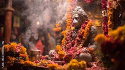 Sankat Mochan Hanuman Jayanti, beautifully decorated Hanuman idol in temple with marigold flowers, Ai generated images