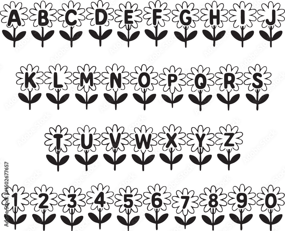 Naklejka premium Simple Flower Floral typography font lettering ABC cartoon vector text