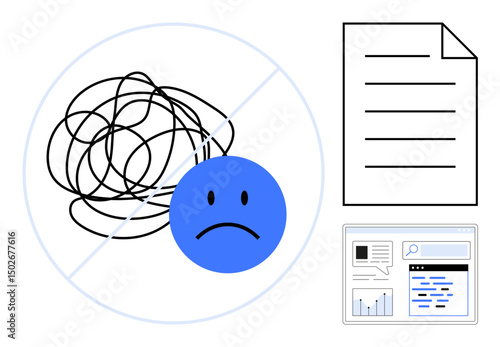Blue sad face over tangled lines, contrasted with organized paper and webpage. Ideal for problem solving, productivity, organization, digital tools, workflow, clarity, simple landing page