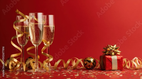 Two champagne glasses and a wrapped gift on a wooden table, bright natural light, celebratory setting.