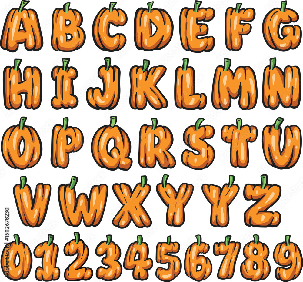 Pumpkin Squash Vegetable typography font lettering ABC cartoon vector text Pumpkin Squash Vegetable typography font lettering ABC cartoon vector text