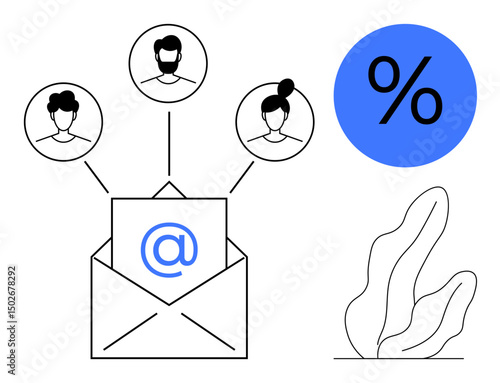 Envelope with email symbol links to three user icons, blue percentage sign, and leaves. Ideal for email marketing, communication, networking, analytics, teamwork, customer engagement simple landing