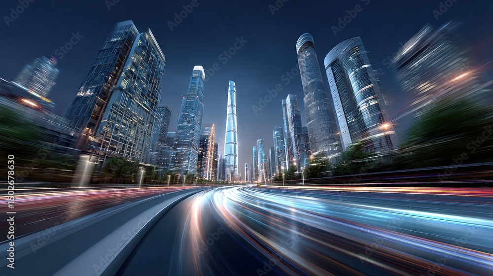 Urban Night Scene with Light Trails Urban Night Scene with Light Trails