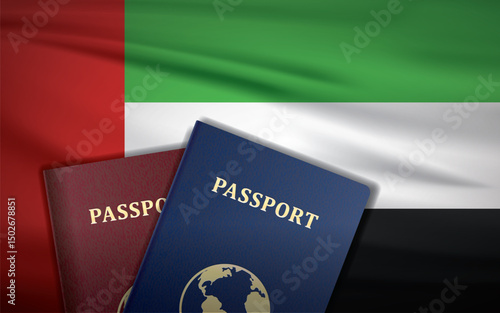 United Arab Emirate Passports with Flag of United Arab Emirate Background	