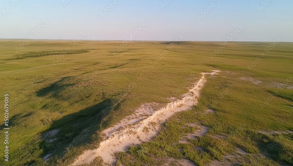 Vast grassland landscape, wind turbines in distance. Light beige path cuts through the field, featuring low mounds Vast grassland landscape, wind turbines in distance. Light beige path cuts through the field, featuring low mounds