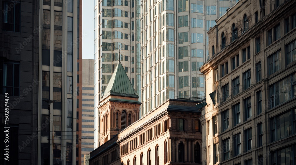 Fototapeta premium A blend of modern and classic architecture defines business core in a dramatic afternoon light..