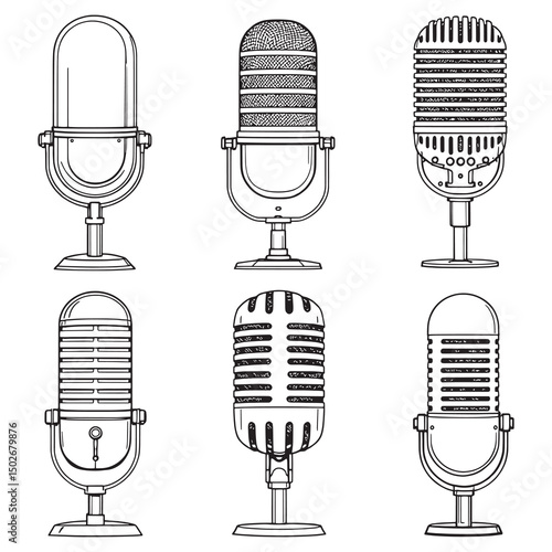 Retro Vintage Metal Microphone Outline Vector Drawing Sound Equipment
