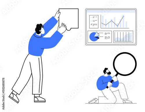 Person assembling puzzle piece, another examining insight with a magnifying glass next to data charts. Ideal for analysis, problem-solving, teamwork, creativity, strategy, research, simple landing