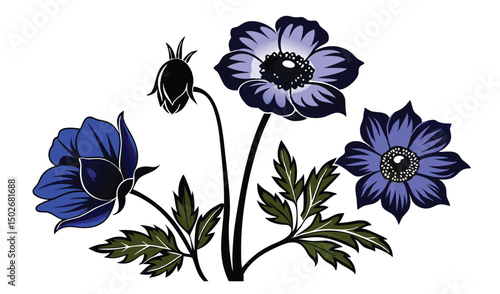 Cup shaped anemone and delphinium blooms illustration